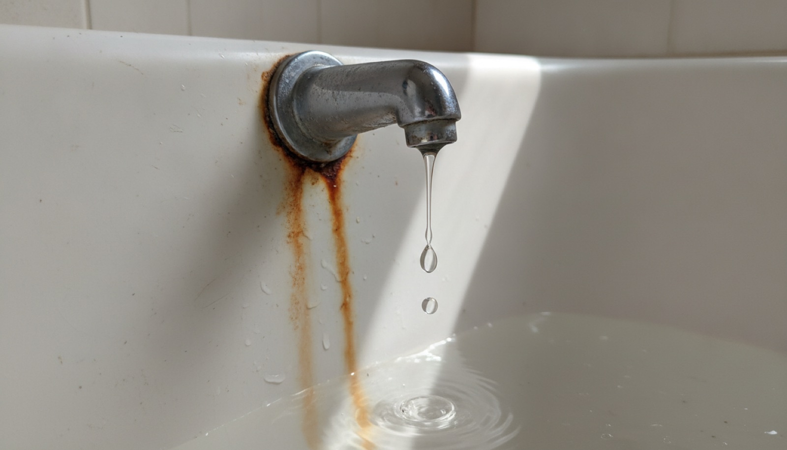 Manchas alaranjadas de ferro ao redor do ralo de uma banheira branca em casa com poço