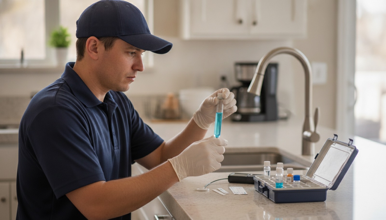 Technician running an on-site well water test at a kitchen counter