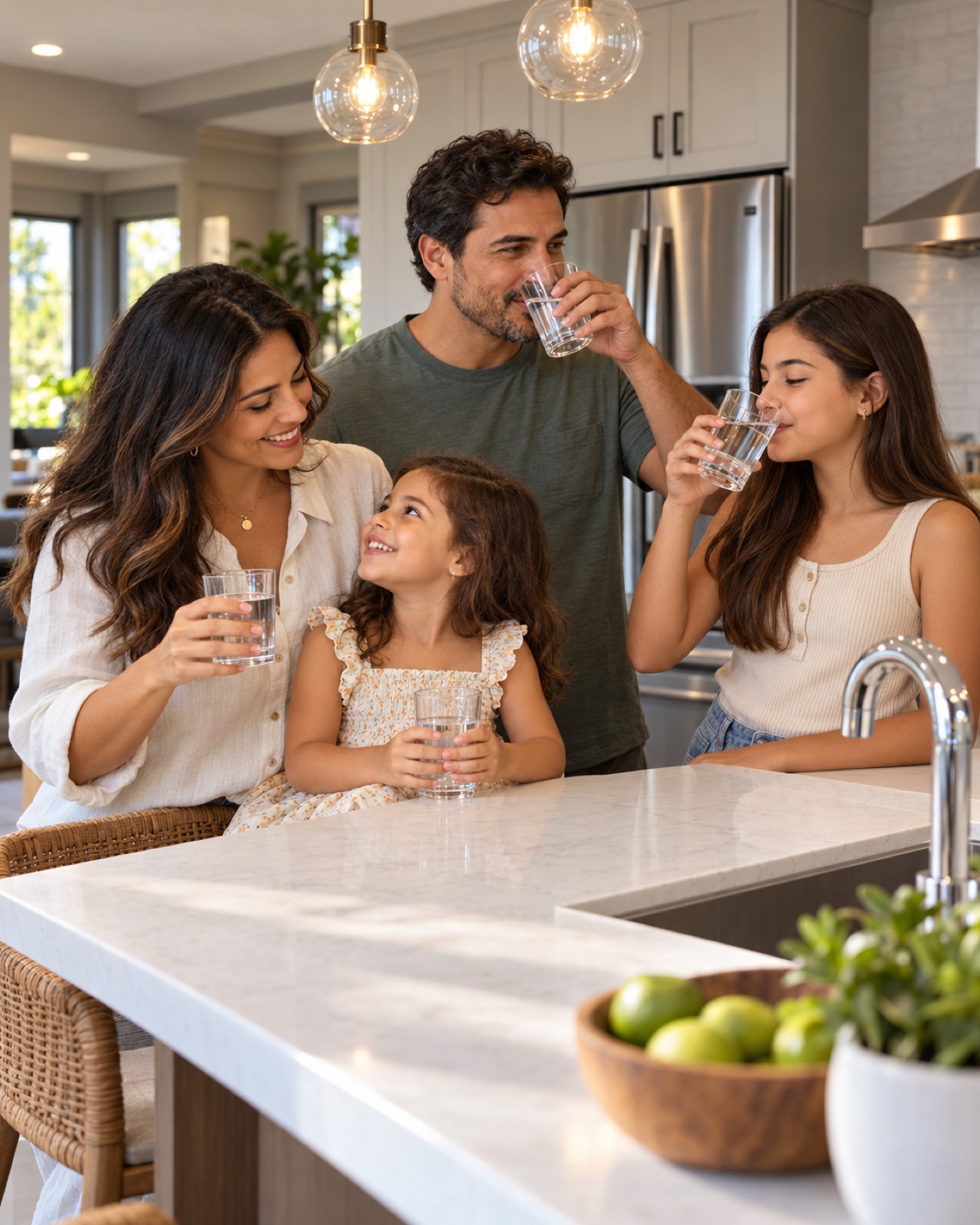 Family drinking water in the kitchen