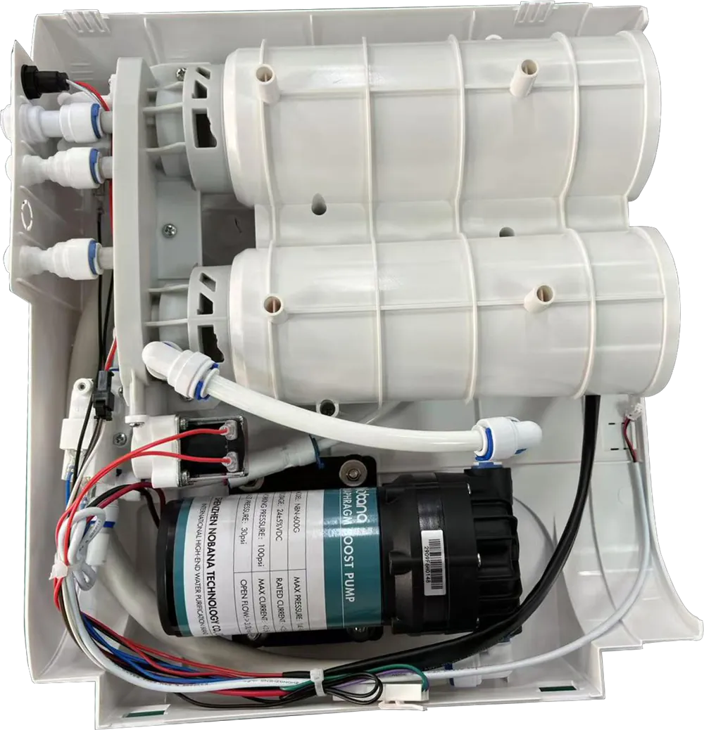 Interior of the PW RO 700 with cartridge housings, tubing and booster pump