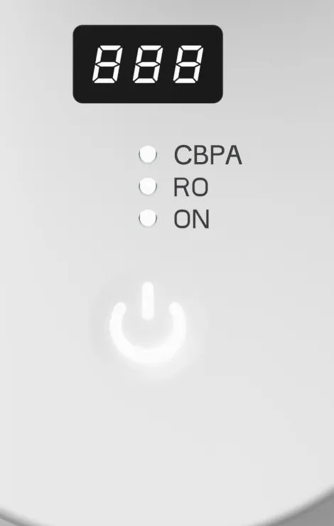 Front panel with the TDS display, CBPA, RO and ON indicators and the power button