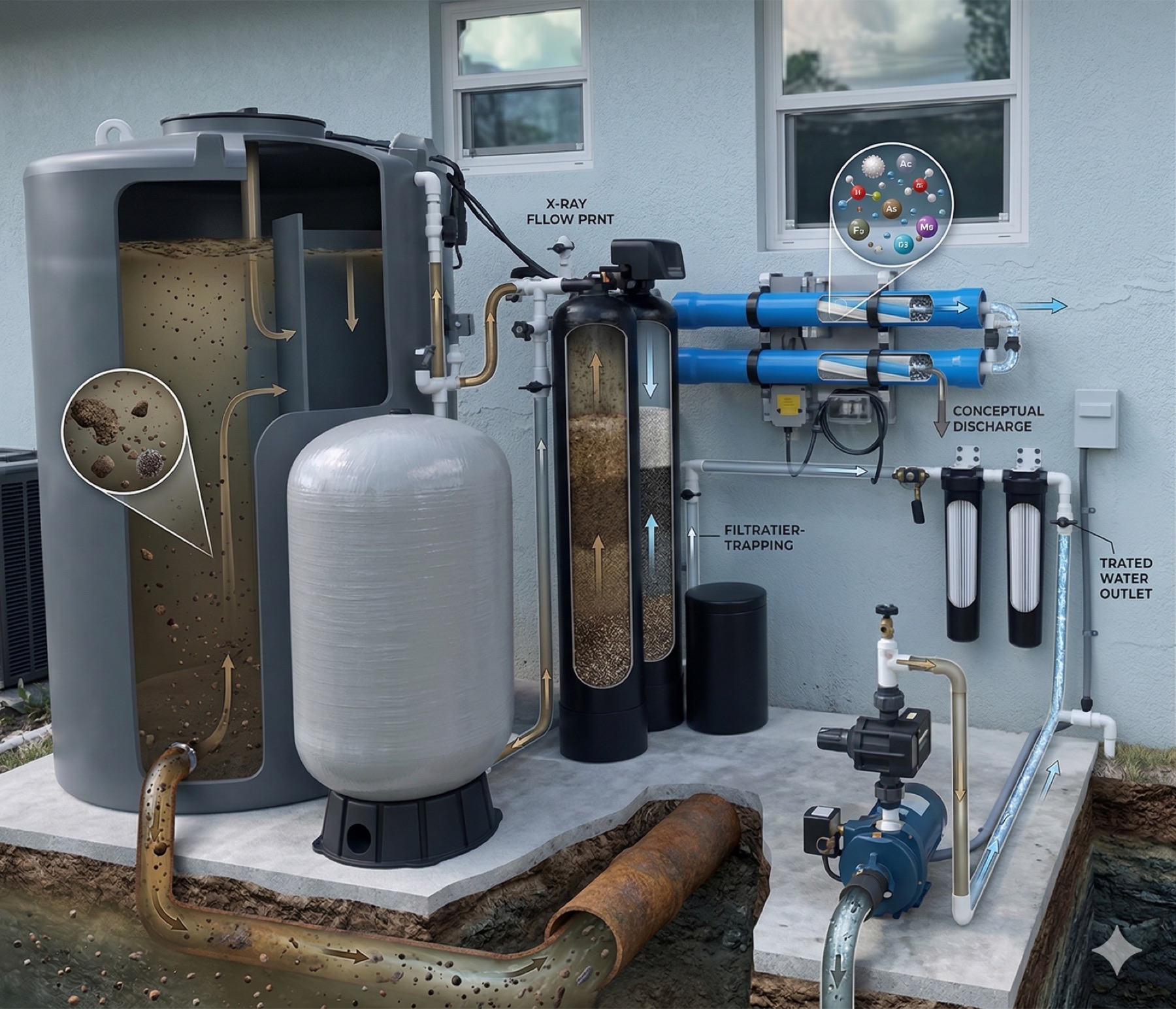 Well water treatment equipment installed outdoors