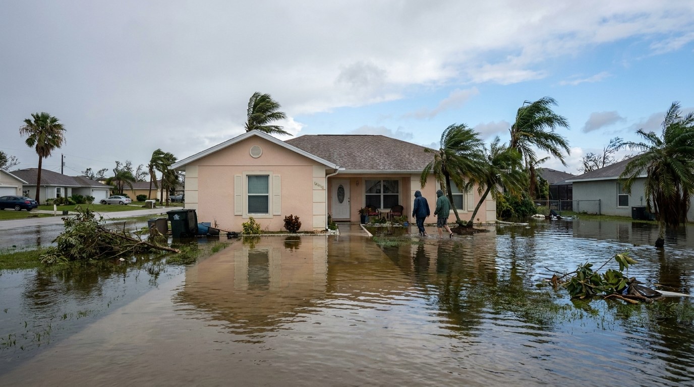 Suburban Florida home with a flooded front yard of murky brown water after a tropical storm