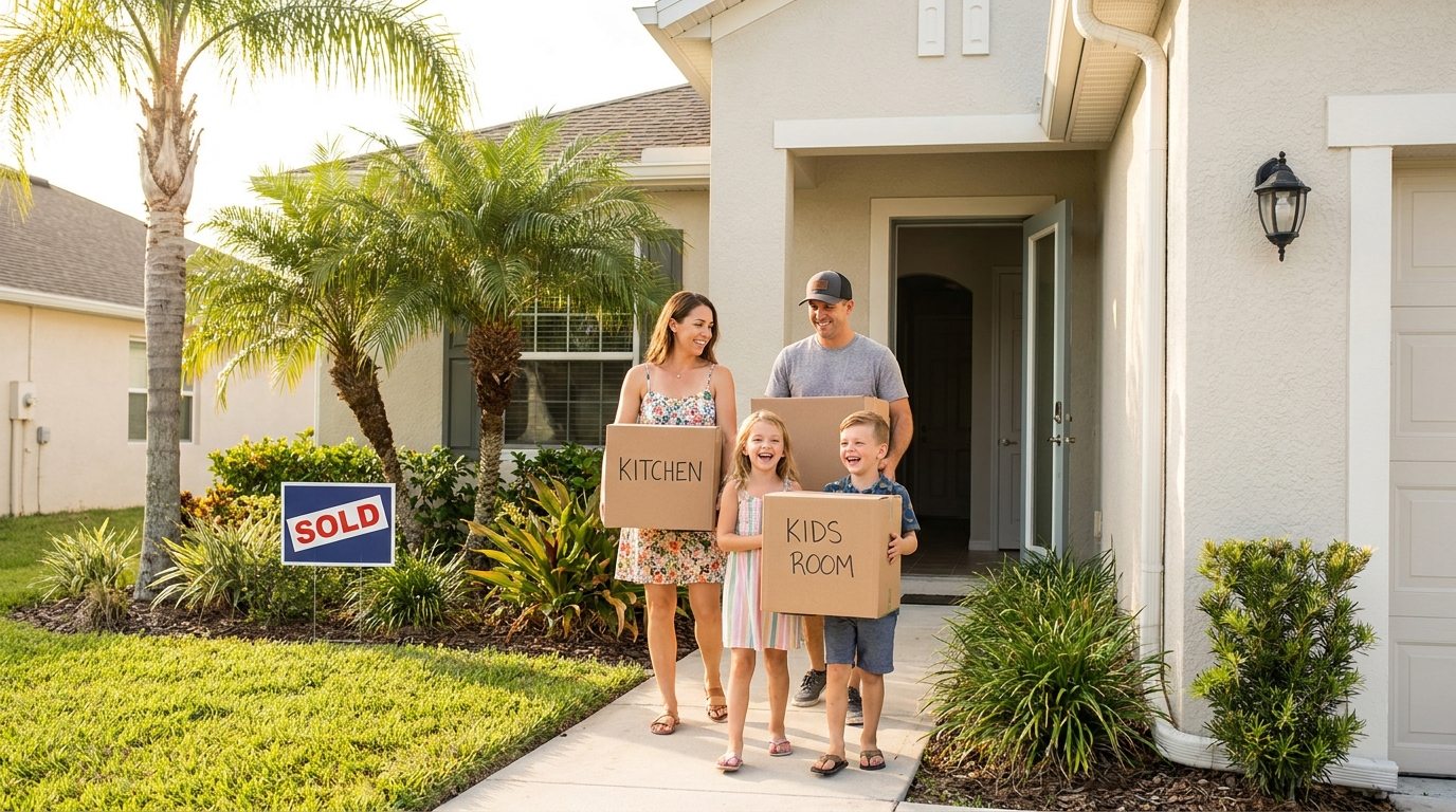 Happy young family carrying moving boxes through the front door of a newly purchased Florida home