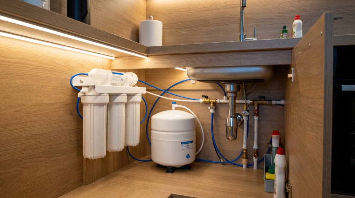 Reverse osmosis drinking water system with filter housings and a small storage tank installed under a kitchen sink