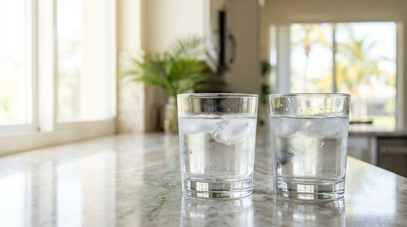 Two clear glasses of water side by side on a kitchen counter in a bright Florida home