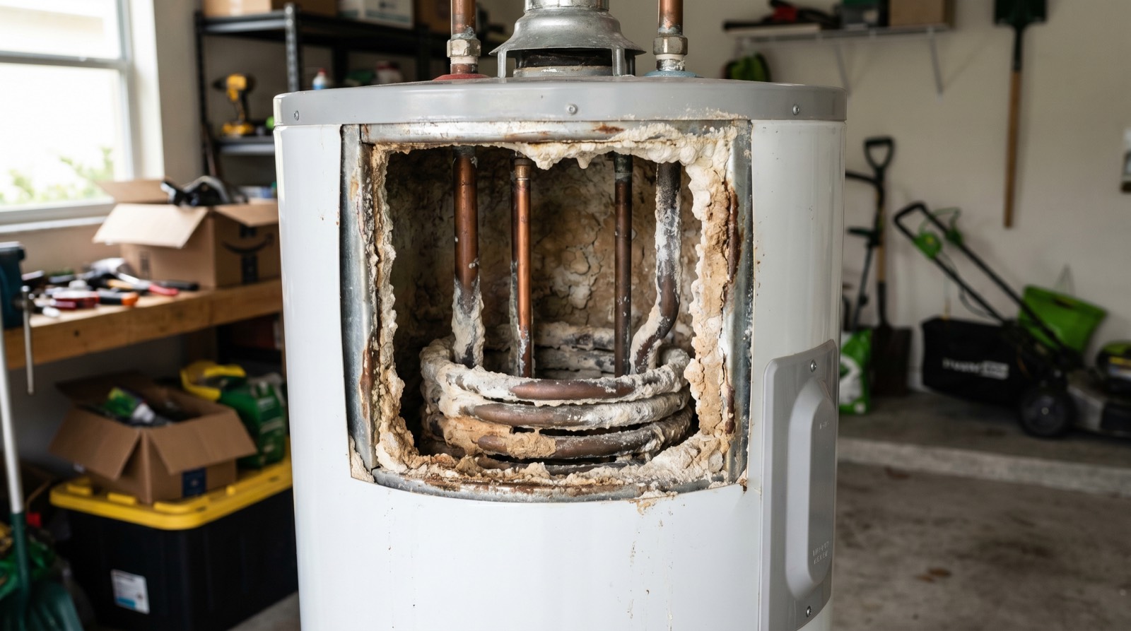 Aquecedor de água residencial aberto numa garagem da Flórida mostrando grossa incrustação branca de cálcio nos canos e na resistência