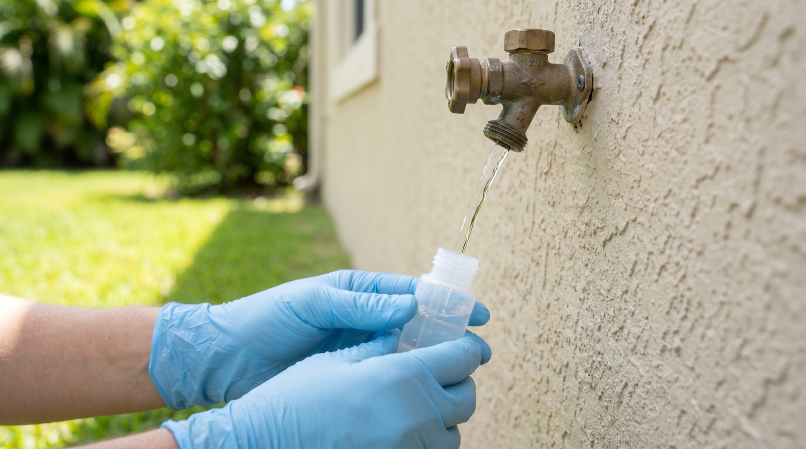 Mãos com luvas enchendo frasco de amostra estéril em torneira externa de casa na Flórida